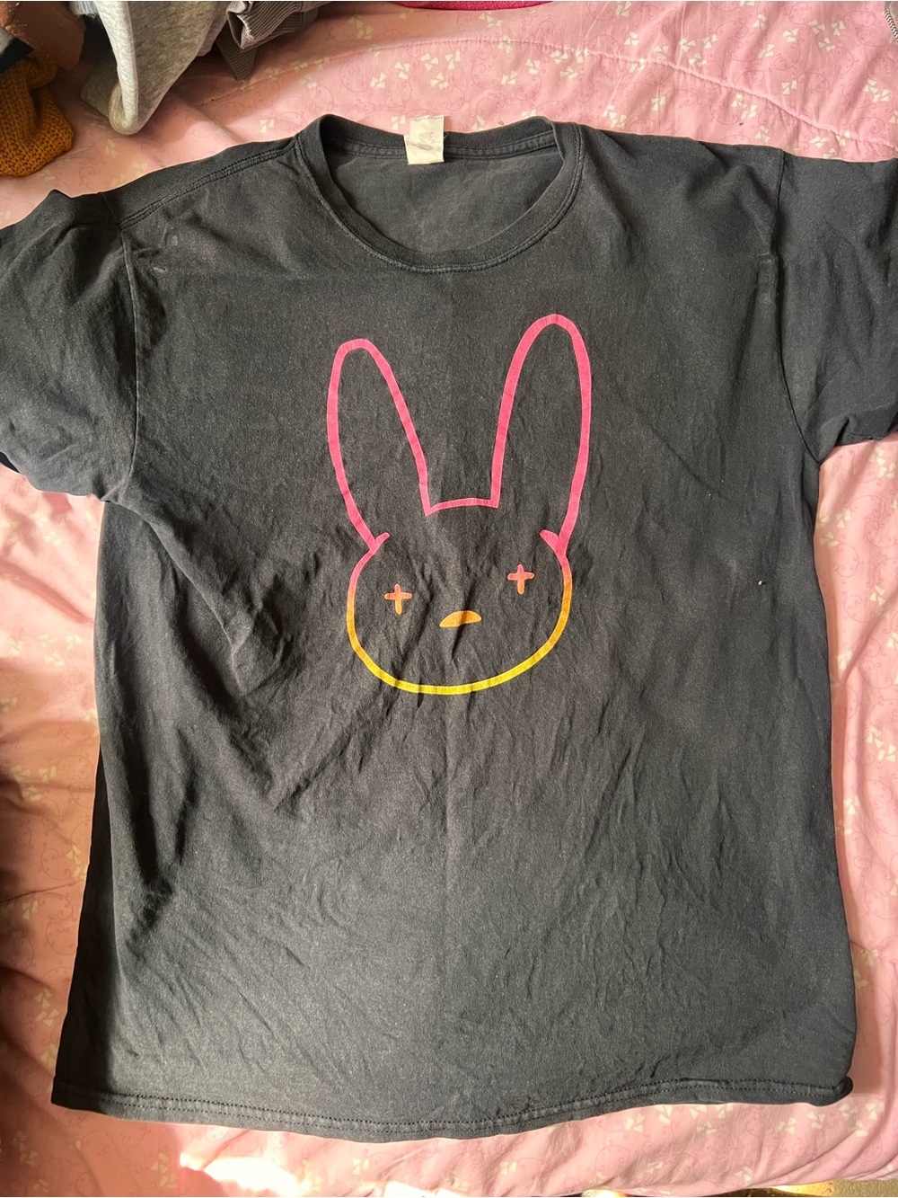 Bad Bunny Black Tee with Pink & Yellow Bunny Outline